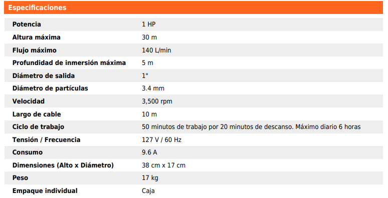 Bomba sumergible uso rudo 1 HP
